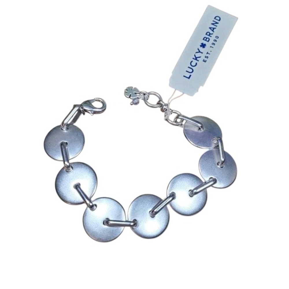 Lucky Brand Silver Tone‎ Disc Chain Bracelet Clover Charm Adjustable Closure